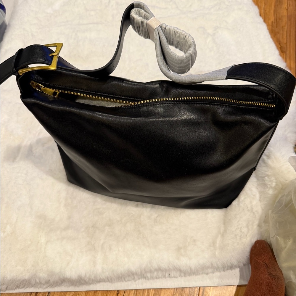 Black Leather Shoulder Bag with Gold Hardware